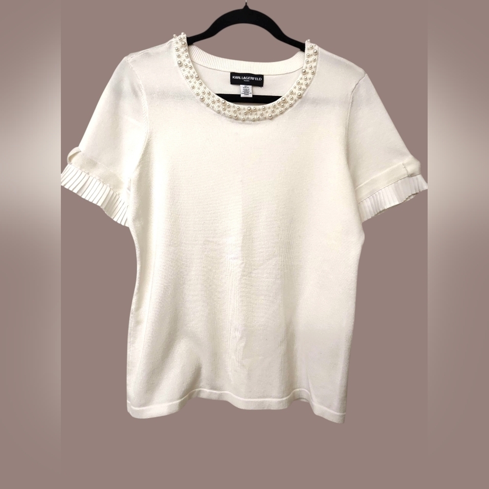 NWOT Karl Lagerfeld Women's Pearl Ruffle Bow Sleeve, S/P